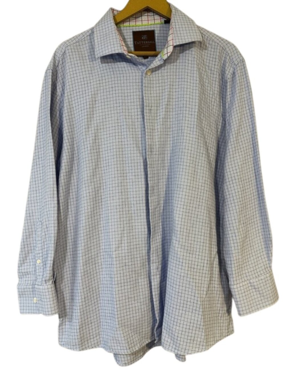 Tattersall London Dress Shirt 17.5 Blue Check 100% Cotton Textured Button Up